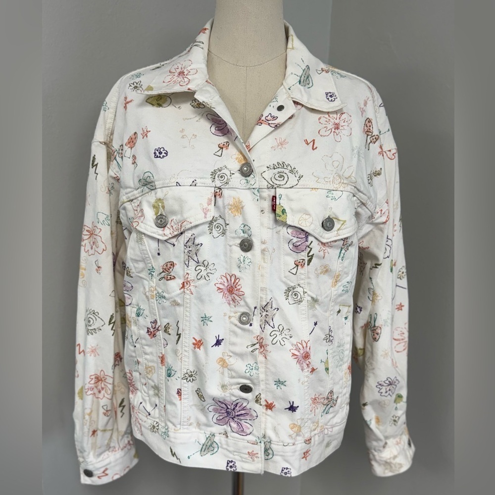 Levi's White Trucker Denim Jean Jacket All Over Print Floral size small - Picture 2 of 11
